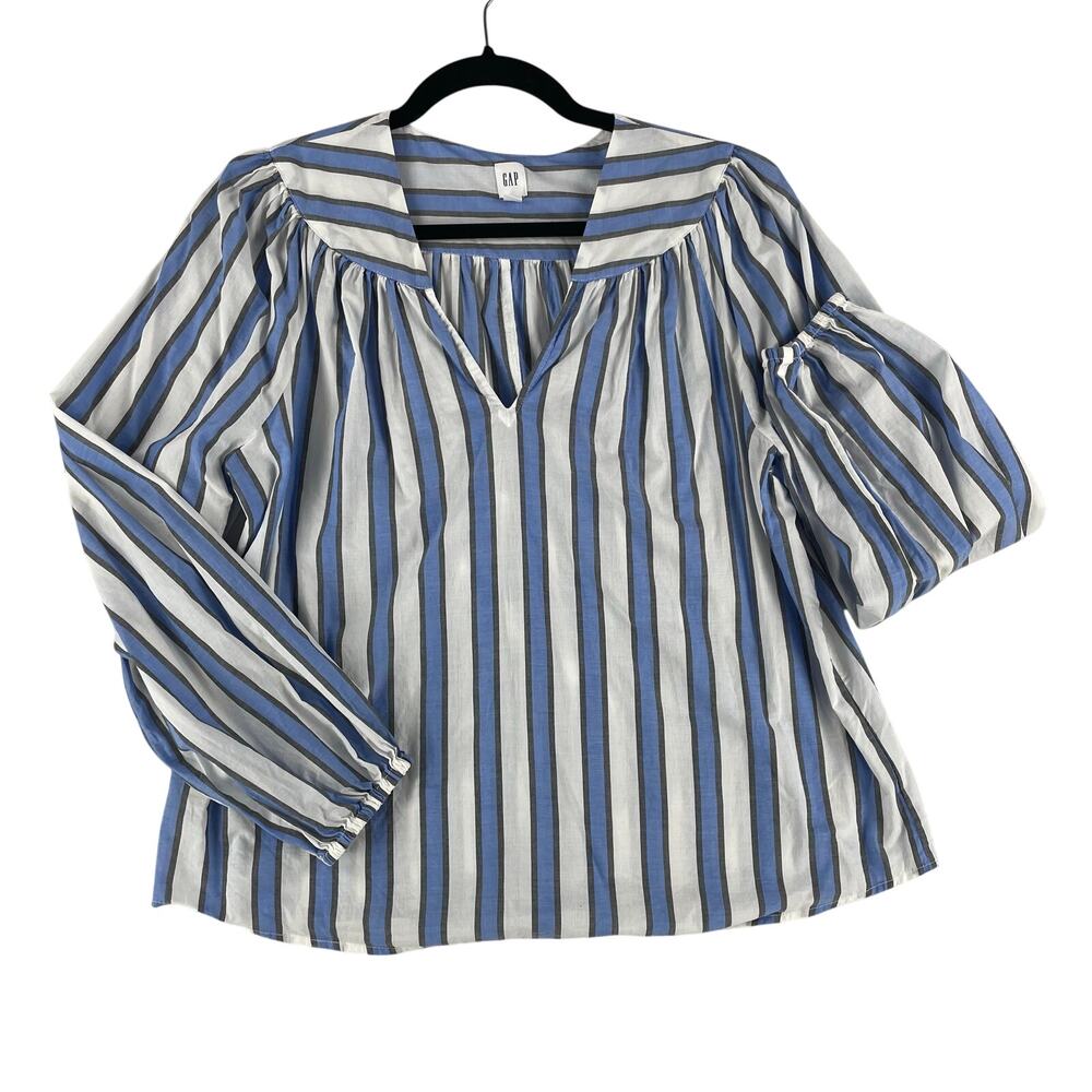 Gap Womens Zen Popover Peasant Blouse SZ M Blue White Striped Split Neck Cotton